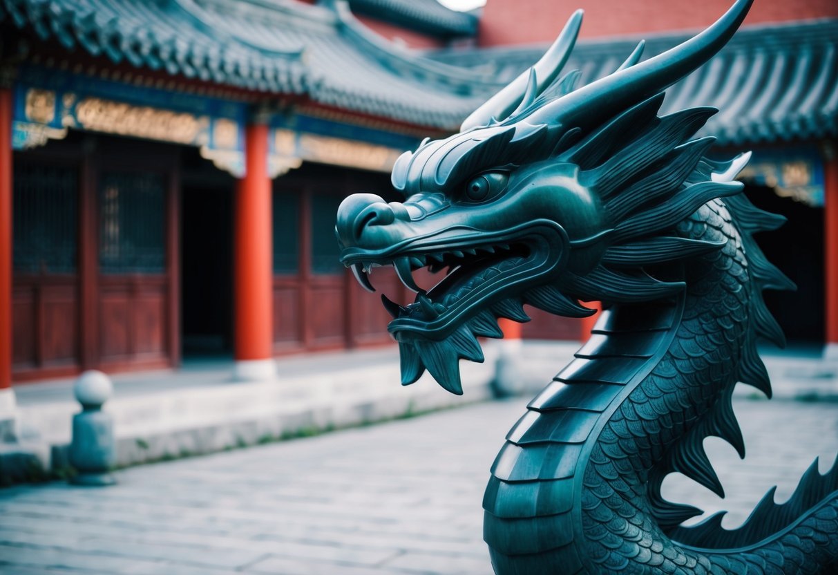 A traditional Chinese courtyard with a stern-looking stone lion statue symbolizing seriousness and authority