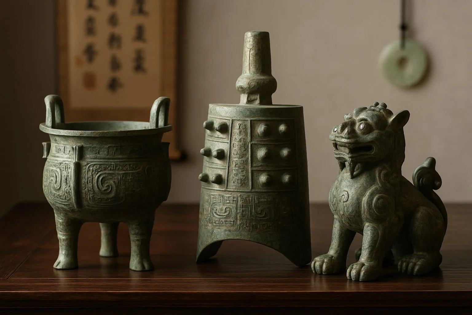 A display of traditional Chinese bronze artifacts including a vessel, bell, and statue on a wooden table with a blurred background of a calligraphy scroll and jade ornament.