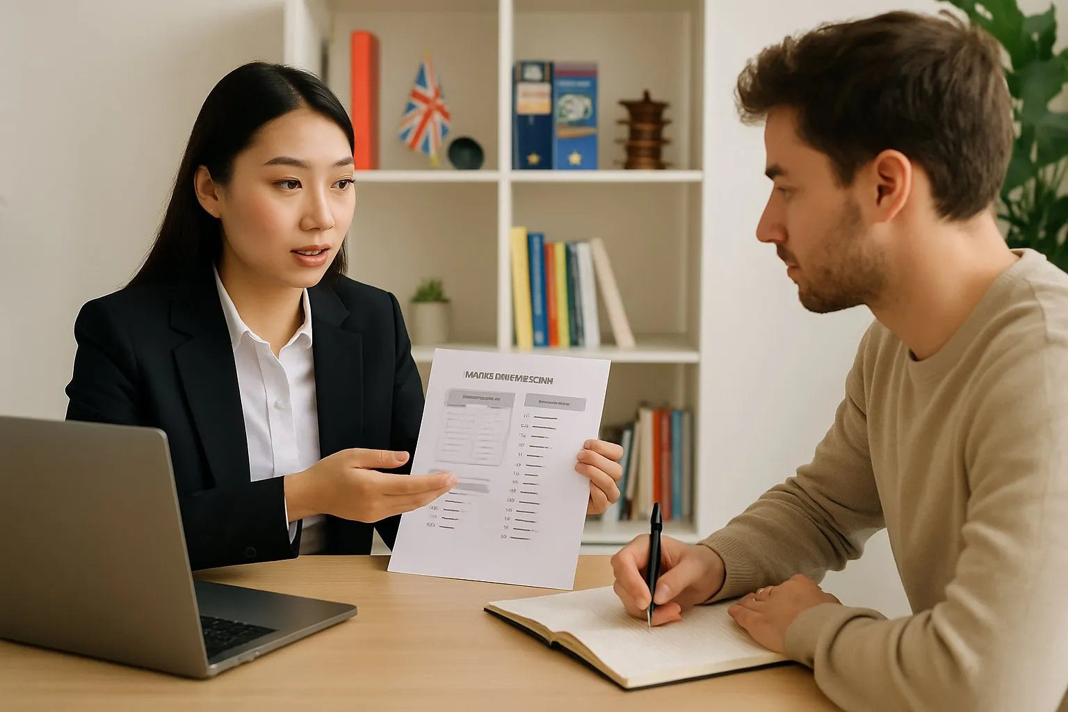 Two people in an office discussing language learning with a laptop and notebooks.