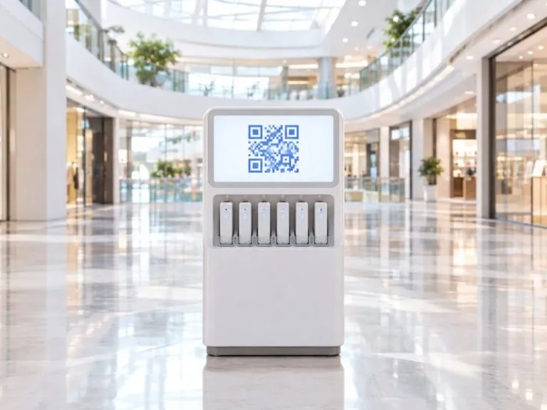 A shared power bank rental kiosk with a glowing QR code screen in a bright modern shopping mall in China, illustrating how to say power bank in Chinese