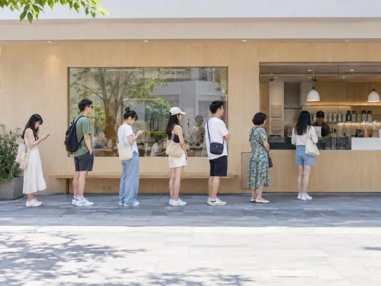 A neat line of people queuing outside a popular milk tea shop on a bright sunny shopping street in China, illustrating how to say queue in Chinese