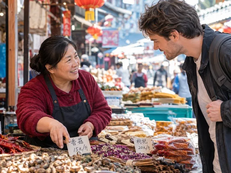 Vendor and shopper bargaining at a sunny Chinese street market stall with handwritten price tags