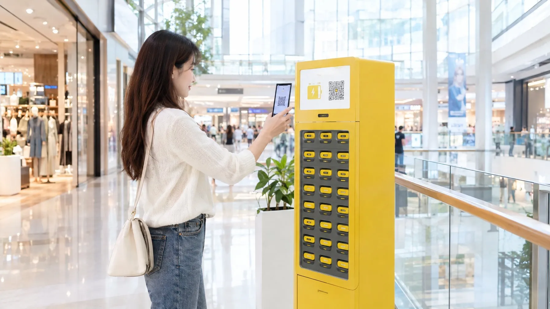 Charger in Chinese when you need it: a shopper scanning the QR code on a yellow shared power bank rental kiosk in a bright modern Chinese shopping mall
