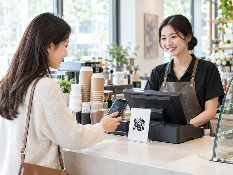 A customer scanning a QR code with a phone at a bright cafe counter in China, illustrating how to say QR code in Chinese