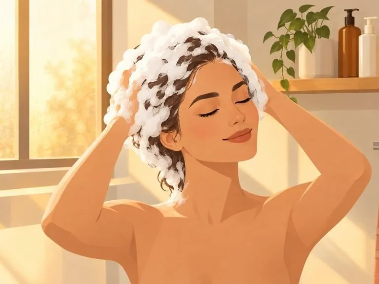Illustration of shampoo in Chinese in daily life: woman lathering shampoo foam in a bright bathroom in warm golden hour light