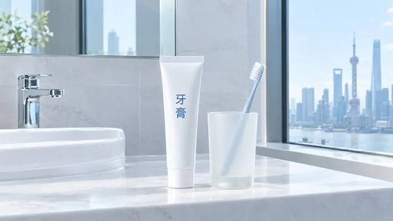 Toothpaste in Chinese on a bright Shanghai bathroom vanity: a white tube labeled 牙膏 beside a toothbrush in a cup, morning daylight
