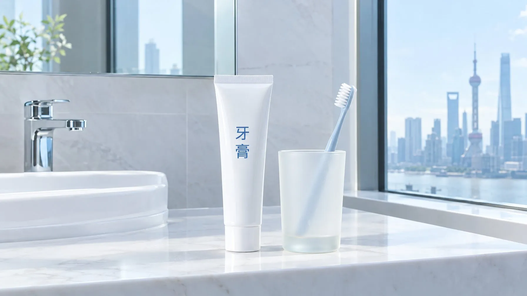Toothpaste in Chinese on a bright Shanghai bathroom vanity: a white tube labeled 牙膏 beside a toothbrush in a cup, morning daylight