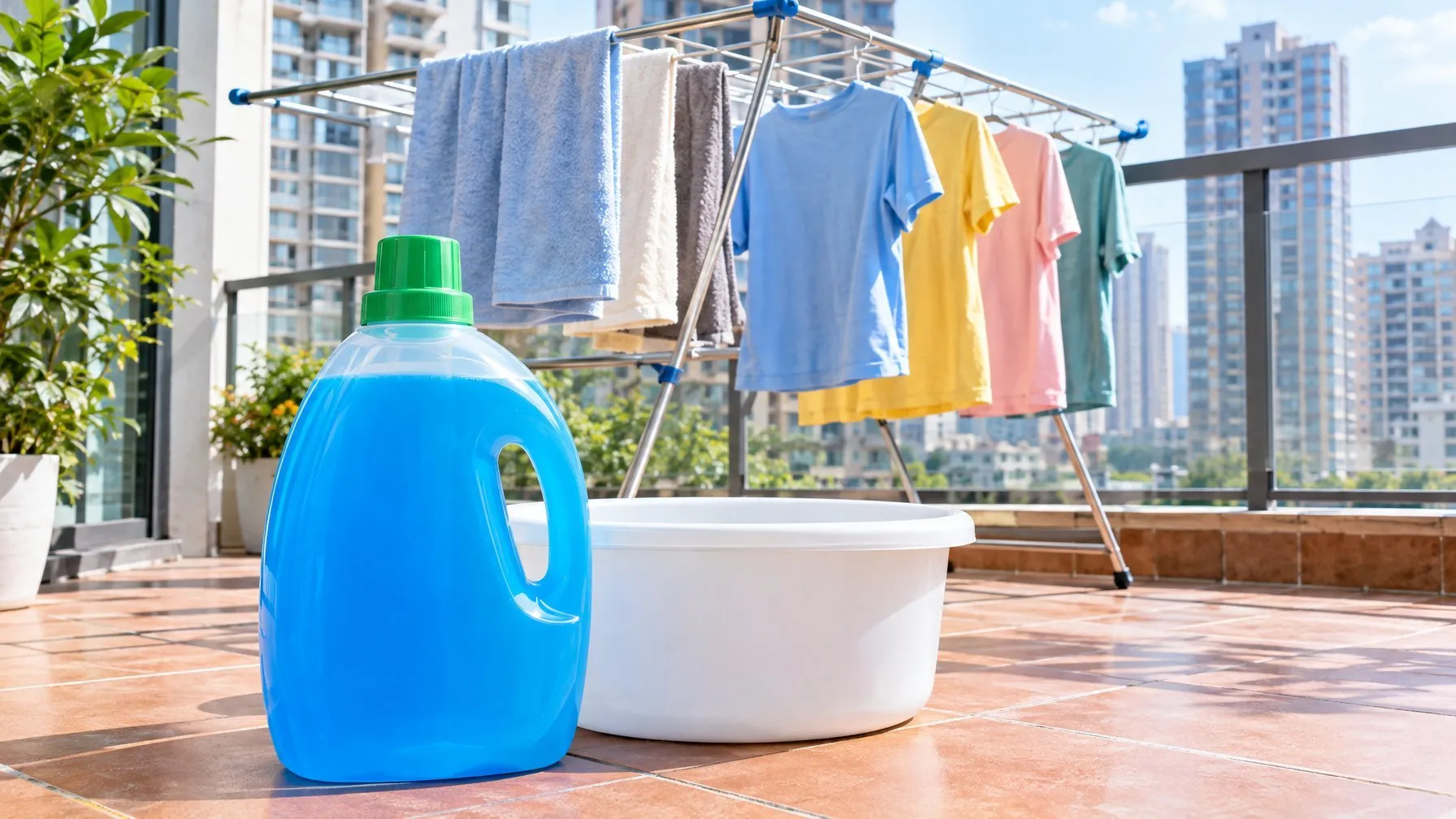 Detergent in Chinese: a bottle of blue liquid detergent on a sunny apartment balcony in China with laundry drying on a rack