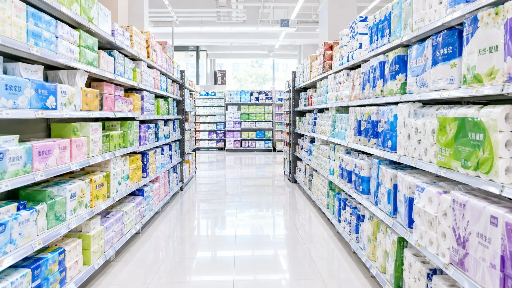 Toilet paper in Chinese: a bright supermarket aisle in China stocked with 卫生纸 rolls and tissue packs